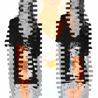 Booooks Ghost Funny Halloween Teacher Book Library Reading V4 Women's Jersey Short Sleeve Deep V-Neck Tshirt - Thegiftio