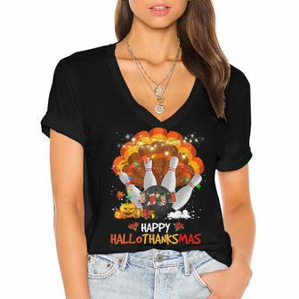 Bowling Halloween And Merry Christmas Happy Hallothanksmas Women's Jersey Short Sleeve Deep V-Neck Tshirt - Thegiftio UK