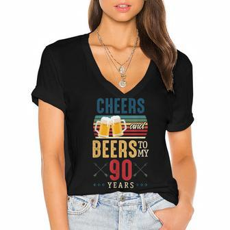 Cheers And Beers To My 90 Years 90Th Birthday Women's Jersey Short Sleeve Deep V-Neck Tshirt - Seseable