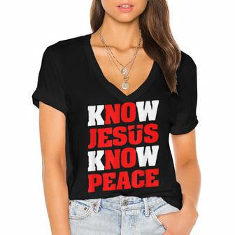 Christian Jesus Bible Verse Scripture Know Jesus Know Peace V2 Women's Jersey Short Sleeve Deep V-Neck Tshirt - Seseable