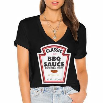 Classic Bbq Sauce Bottle Label Funny Halloween Costume Women's Jersey Short Sleeve Deep V-Neck Tshirt - Seseable