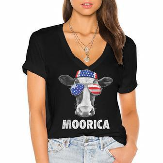 Cow 4Th Of July Moorica Merica Men American Flag Sunglasses V2 Women's Jersey Short Sleeve Deep V-Neck Tshirt - Seseable