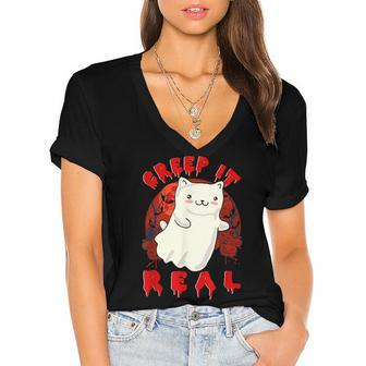Creep It Real Cute Kitty Cat Ghost In Spooky Halloween Night Women's Jersey Short Sleeve Deep V-Neck Tshirt - Seseable