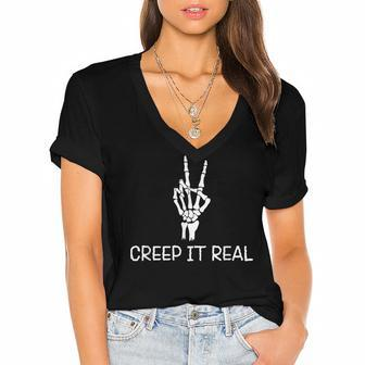 Creep It Real Peace Sign Skeleton Hand Funny Bones Halloween Women's Jersey Short Sleeve Deep V-Neck Tshirt - Seseable