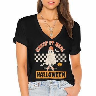 Creep It Real Retro Halloween Funny Ghost Skateboarding Women's Jersey Short Sleeve Deep V-Neck Tshirt - Seseable