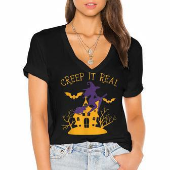 Creep It Real Witch Broom Funny Spooky Halloween Women's Jersey Short Sleeve Deep V-Neck Tshirt - Seseable
