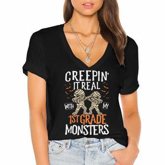 Creepin It Real With My 1St Grade Monsters Halloween Teacher School Women's Jersey Short Sleeve Deep V-Neck Tshirt - Seseable