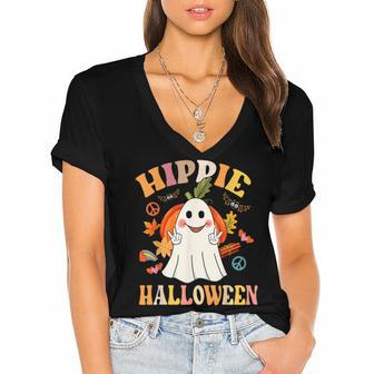 Cute Hippie Halloween Funny Ghost Pumpkin Vintage Groovy Women's Jersey Short Sleeve Deep V-Neck Tshirt - Thegiftio UK