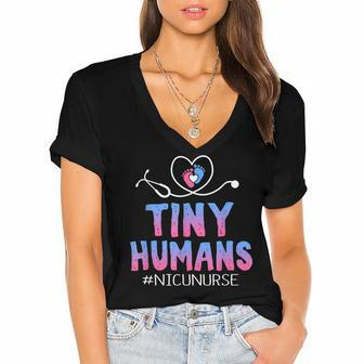 Cute Tiny Humans Neonatal Intensive Care Nicu Nurse Women's Jersey Short Sleeve Deep V-Neck Tshirt - Seseable