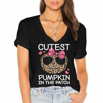 Cutest Pumpkin In The Patch Funny Halloween Cute Girls Kids Women's Jersey Short Sleeve Deep V-Neck Tshirt - Seseable
