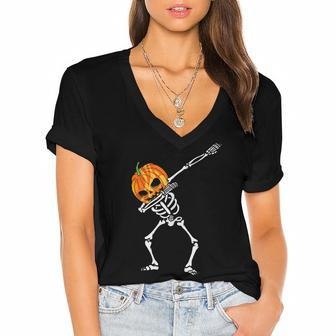 Dabbing Skeleton Pumpkin Head - Halloween Dancing Skeleton Women's Jersey Short Sleeve Deep V-Neck Tshirt - Seseable
