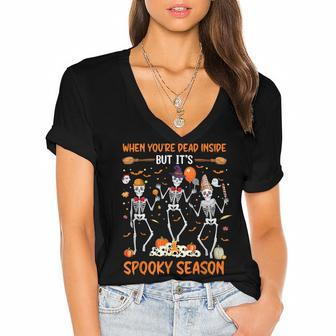 Dead In Side But Its Spooky Season Dancing Skeleton Halloween Women's Jersey Short Sleeve Deep V-Neck Tshirt - Seseable