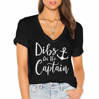 Dibs On The Captain Fire Captain Wife Girlfriend Sailing Women's Jersey Short Sleeve Deep V-Neck Tshirt - Thegiftio UK