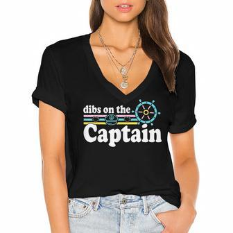 Dibs On The Captain Retro Vintage Design Funny Captain Wife Women's Jersey Short Sleeve Deep V-Neck Tshirt - Thegiftio UK