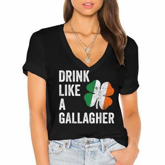 Drink Like A Gallagher St Patricks Day Beer Drinking Women's Jersey Short Sleeve Deep V-Neck Tshirt - Thegiftio UK