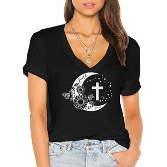 Faith Cross Crescent Moon With Sunflower Christian Religious Women's Jersey Short Sleeve Deep V-Neck Tshirt | Mazezy