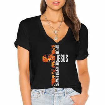 Fall For Jesus He Never Leaves Christian Faith Jesus Cross Women's Jersey Short Sleeve Deep V-Neck Tshirt - Thegiftio UK