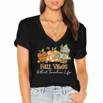 Fall Vibes & That Teacher Life Apple Pencil Pumpkin Fall Women's Jersey Short Sleeve Deep V-Neck Tshirt - Thegiftio UK