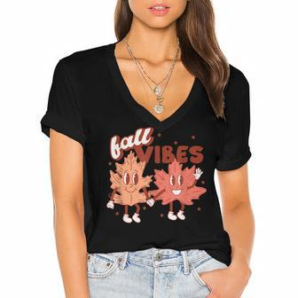 Fall Vibes Pumpkins Funny Leaves Autumn Vibes Red With Gold Women's Jersey Short Sleeve Deep V-Neck Tshirt - Thegiftio UK