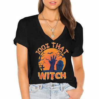 Funny 100 That Witch Halloween Spooky Costume Women's Jersey Short Sleeve Deep V-Neck Tshirt - Seseable