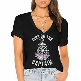 Funny Captain Wife Dibs On The Captain Flower Anchor Women's Jersey Short Sleeve Deep V-Neck Tshirt - Thegiftio UK