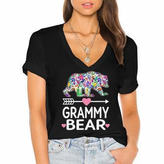 Funny Grammy Bear Mothers Day Floral Matching Family Outfits Women's Jersey Short Sleeve Deep V-Neck Tshirt | Mazezy