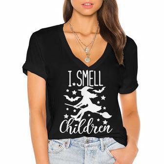 Funny I Smell Children Halloween Witches Costume Women's Jersey Short Sleeve Deep V-Neck Tshirt - Seseable