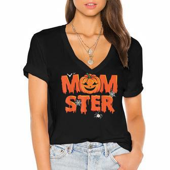 Funny Momster Halloween Mom Pumpkin Costume Family Matching Women's Jersey Short Sleeve Deep V-Neck Tshirt - Seseable
