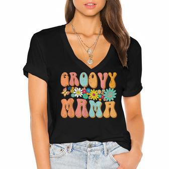 Funny Retro Groovy Birthday Family Matching Cute Groovy Mama Women's Jersey Short Sleeve Deep V-Neck Tshirt - Seseable