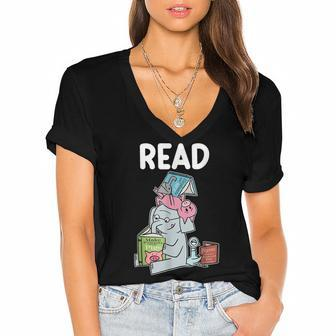 Funny Teacher Library Read Book Club Piggie Elephant Pigeons Women's Jersey Short Sleeve Deep V-Neck Tshirt - Thegiftio UK