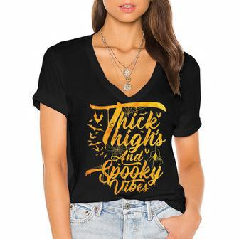 Funny Thick Thighs And Spooky Vibes Pumpkin Halloween Women's Jersey Short Sleeve Deep V-Neck Tshirt - Seseable