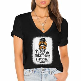 Funny Thick Thighs & Spooky Vibes Skull Messy Bun Halloween Women's Jersey Short Sleeve Deep V-Neck Tshirt - Seseable