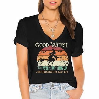 Funny Witch Halloween Good Witch Just Kidding Women's Jersey Short Sleeve Deep V-Neck Tshirt - Seseable