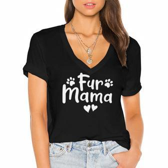 Fur Mama Paw Floral Design Dog Mom Mothers Day Women's Jersey Short Sleeve Deep V-Neck Tshirt | Mazezy