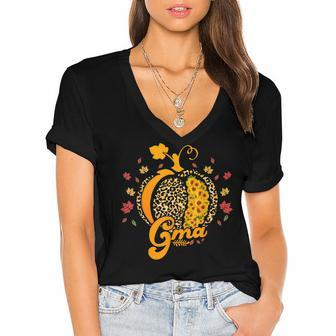 G-Ma Pumpkin Leopard Print Sunflower Grandma Halloween Fall Women's Jersey Short Sleeve Deep V-Neck Tshirt - Seseable