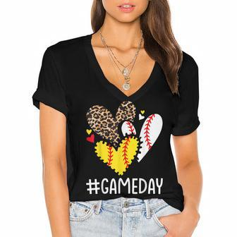 Game Day Leopard Hearts Softball Mom Baseball Mothers Day Women's Jersey Short Sleeve Deep V-Neck Tshirt - Thegiftio UK
