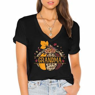 Grandma Pumpkin Leopard Sunflower Halloween Women's Jersey Short Sleeve Deep V-Neck Tshirt - Seseable