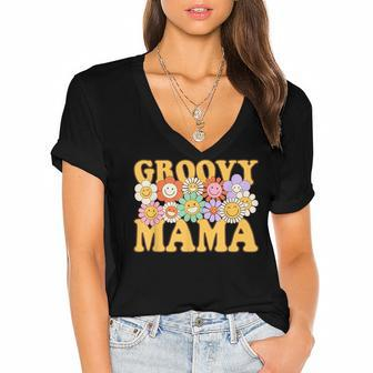 Groovy Mama Retro Matching Family 1St Birthday Party Women's Jersey Short Sleeve Deep V-Neck Tshirt - Thegiftio UK