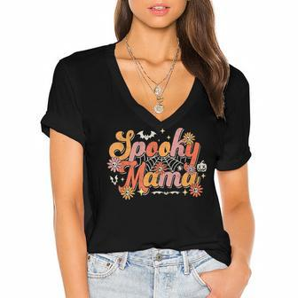 Groovy Spooky Mama Retro Halloween Ghost Witchy Spooky Mom Women's Jersey Short Sleeve Deep V-Neck Tshirt - Seseable