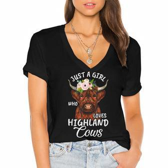 Hairy Cow Lovers Just A Girl Who Loves Highland Cows Farmer Women's Jersey Short Sleeve Deep V-Neck Tshirt - Thegiftio UK