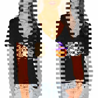 Halloween Boo Ghost Leopard Pumpkin Witch Hat Boys Girls Kid Women's Jersey Short Sleeve Deep V-Neck Tshirt - Seseable