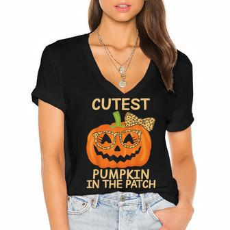 Halloween Cutest Pumpkin In The Patch Girl Halloween Pumpkin V2 Women's Jersey Short Sleeve Deep V-Neck Tshirt - Seseable