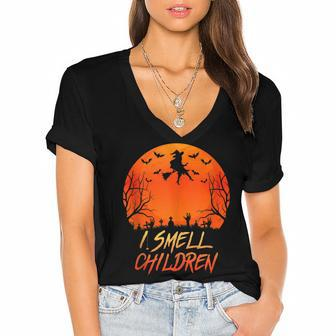 Halloween Pregnancy Announcement Witch I Smell Children Women's Jersey Short Sleeve Deep V-Neck Tshirt - Seseable