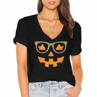 Halloween Pumpkin Smile With Glasses Last Minute Teacher Women's Jersey Short Sleeve Deep V-Neck Tshirt - Seseable