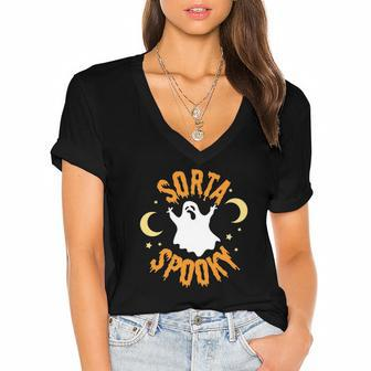 Halloween Sorta Spooky Ghost Hunting Night Moon Women's Jersey Short Sleeve Deep V-Neck Tshirt - Seseable