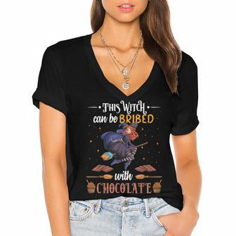 Halloween This Witch Can Be Bribed With Chocolate Women's Jersey Short Sleeve Deep V-Neck Tshirt - Seseable