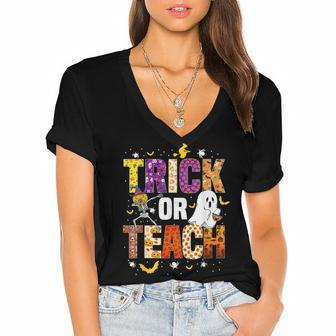 Halloween Trick Or Teach Funny Costume Teacher Halloween V6 Women's Jersey Short Sleeve Deep V-Neck Tshirt - Thegiftio UK