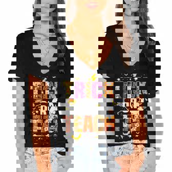 Halloween Trick Or Teach Funny Costume Teacher Halloween V6 Women's Jersey Short Sleeve Deep V-Neck Tshirt - Thegiftio