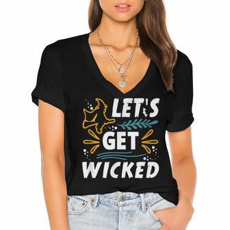 Halloween Witch Lets Get Wicked Women's Jersey Short Sleeve Deep V-Neck Tshirt - Seseable