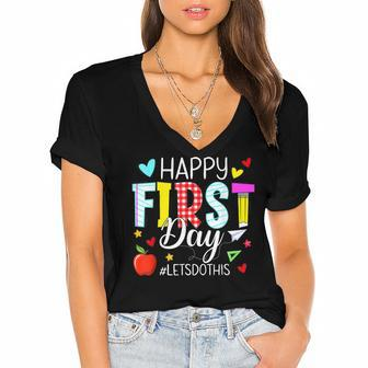 Happy First Day Lets Do This Welcome Back To School Teacher Women's Jersey Short Sleeve Deep V-Neck Tshirt - Seseable